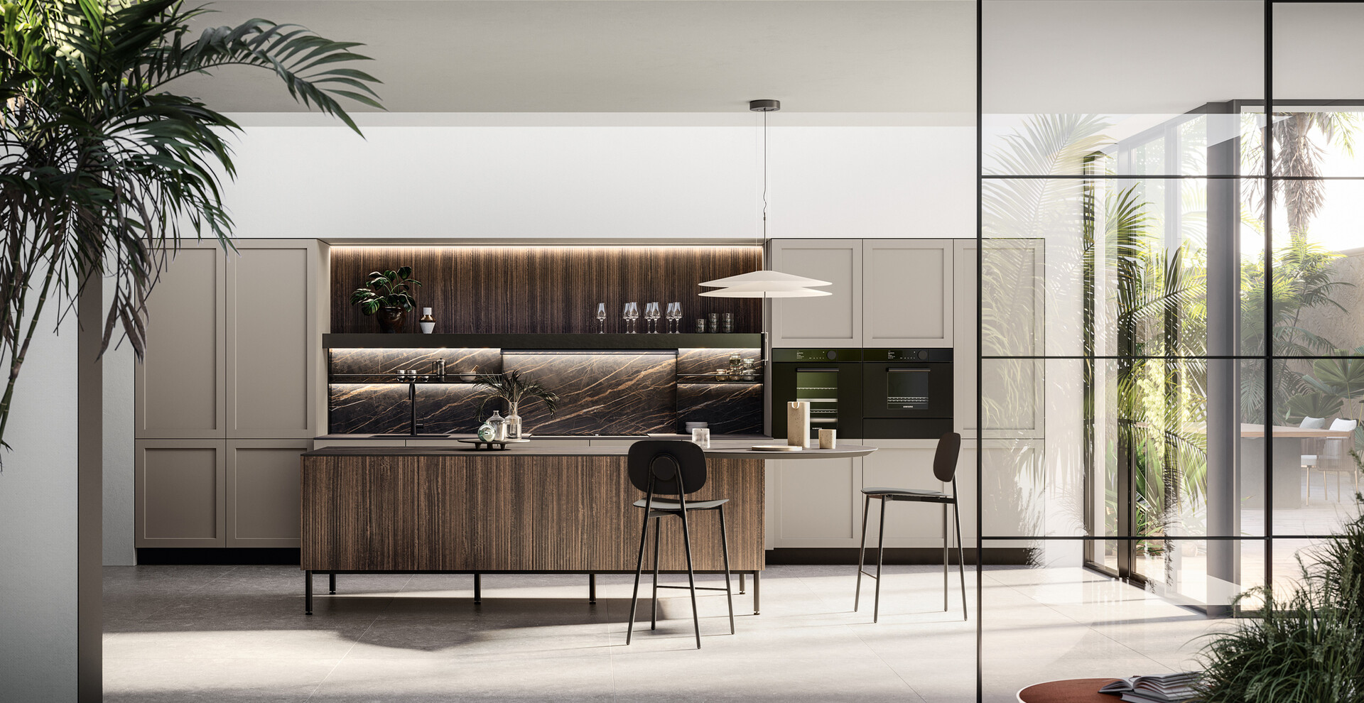 Cucina moderna Alma - Arredo3: ante a telaio tortora e isola in legno scuro