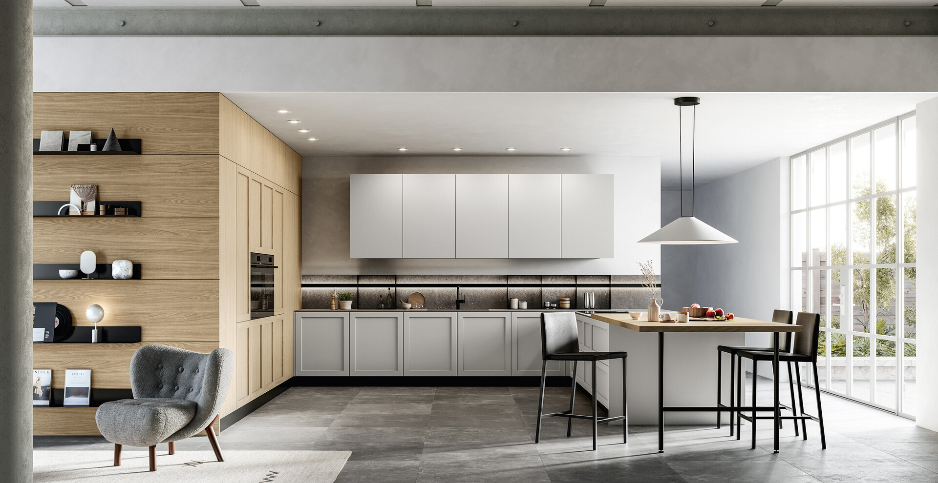 Cucina moderna Alma - Arredo3: penisola con ante a telaio chiare e rovere