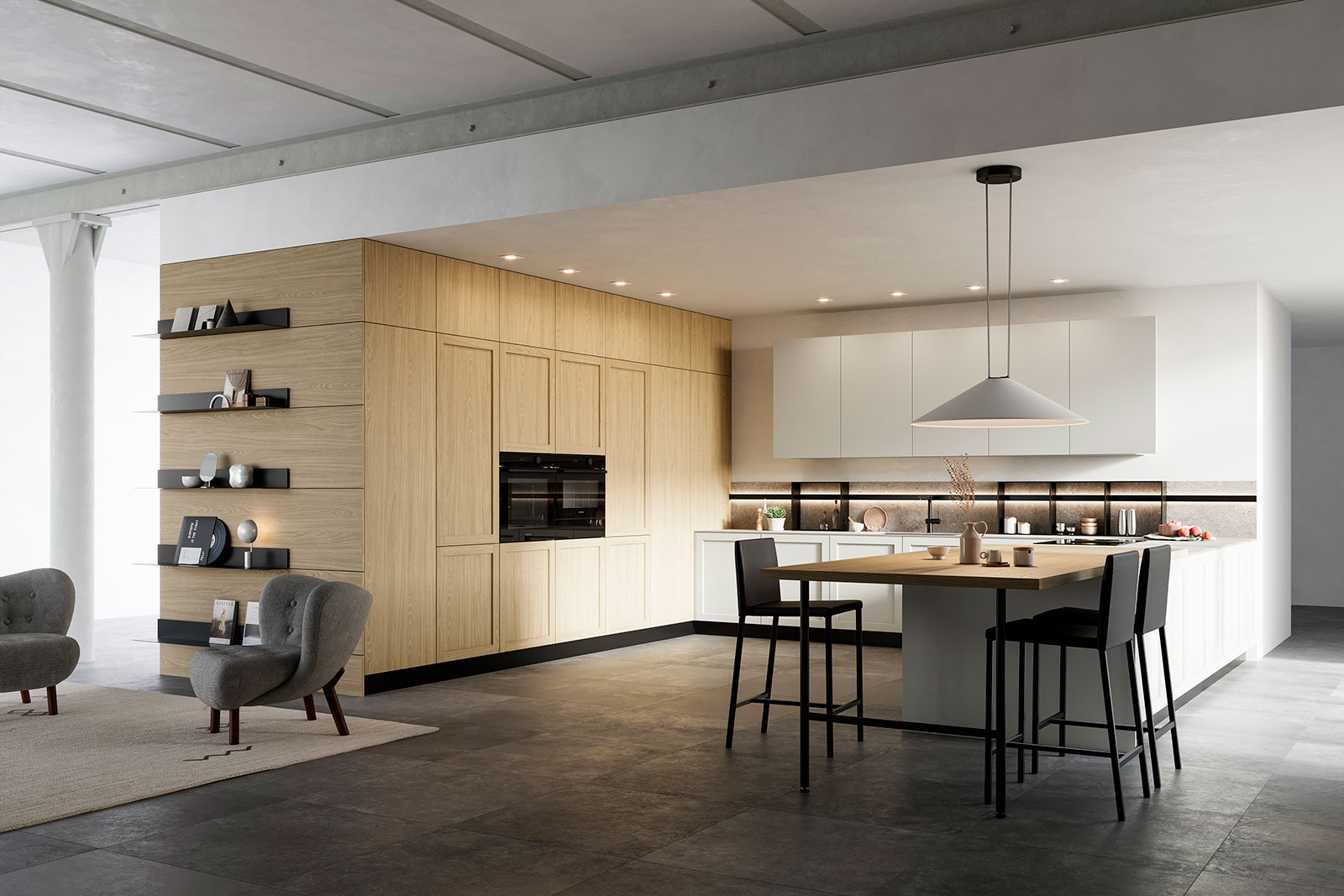 Cucina moderna Alma - Arredo3: penisola e colonne in rovere, vista d'angolo