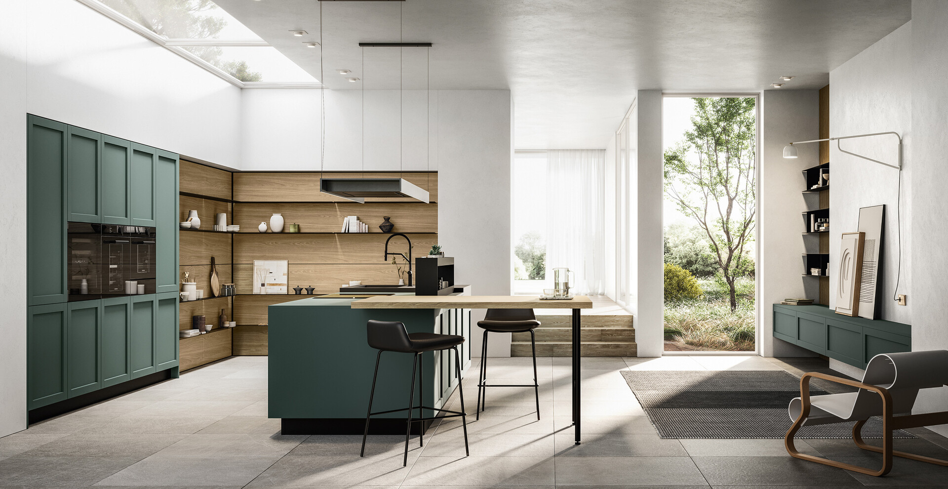 Cucina moderna Alma - Arredo3: ante a telaio verdi, isola e pensili in legno