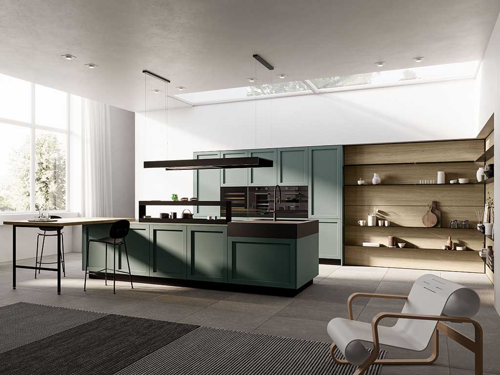 Cucina moderna Alma - Arredo3: isola con ante a telaio verdi e cappa sospesa